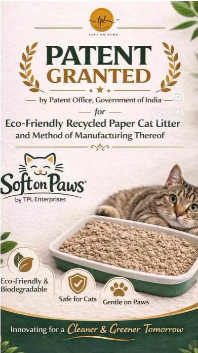Soft On Paws is proud to announce the grant of a patent for its innovative recycled paper cat litter technology. This patent recognizes our unique approach to developing an environmentally responsible cat litter that delivers excellent absorbency, odor control, low dust, and enhanced comfort for cats while promoting sustainable pet care.
